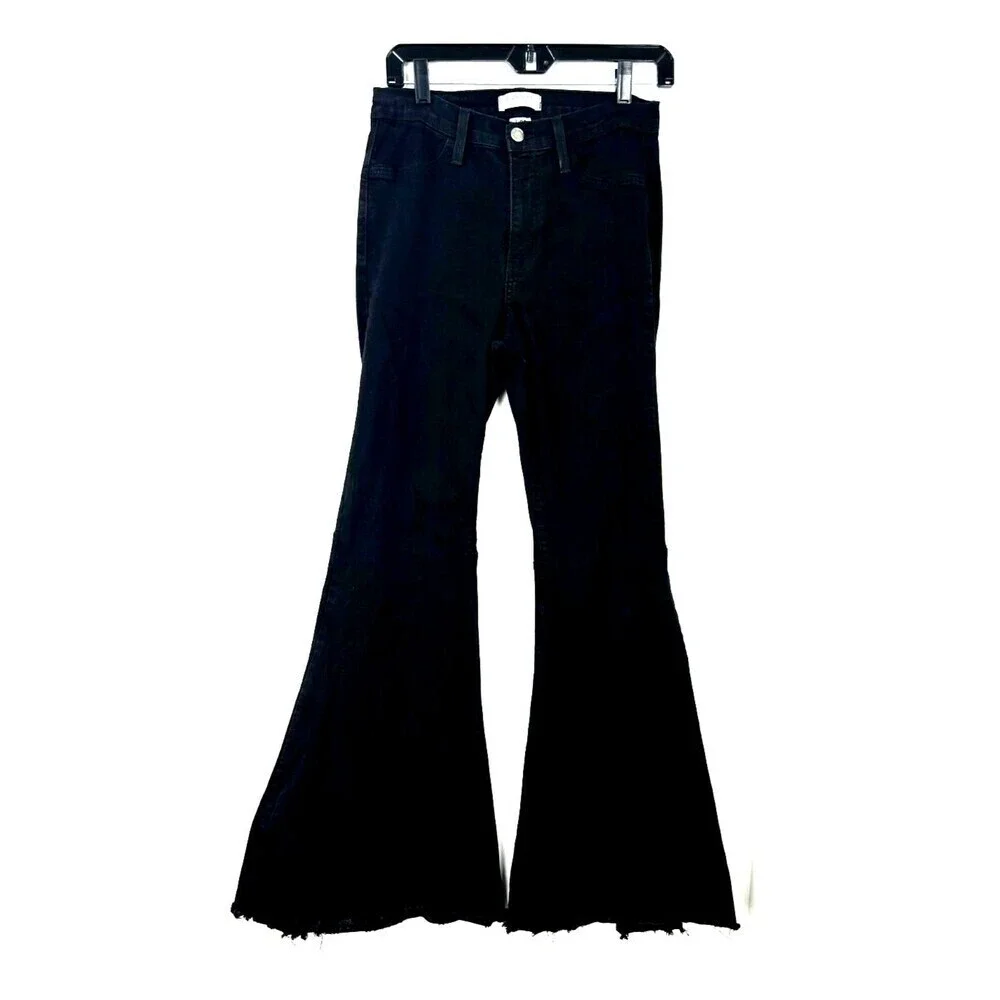 Judy Blue Jeans Womens Sz 7 Black Super Flare High Rise Dark Wash Raw Hem 1083U4